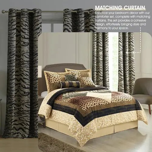 Brown Gold Leopard King Size Comforter Set with Matching Bed Skirt