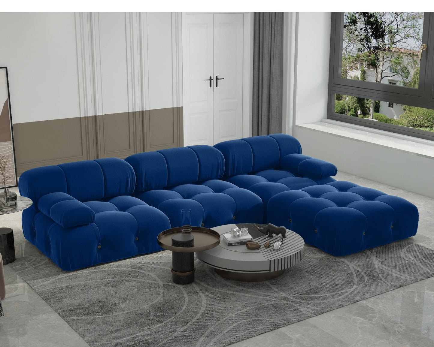 Modern L-Shaped Velvet Couch with Reversible Ottoman