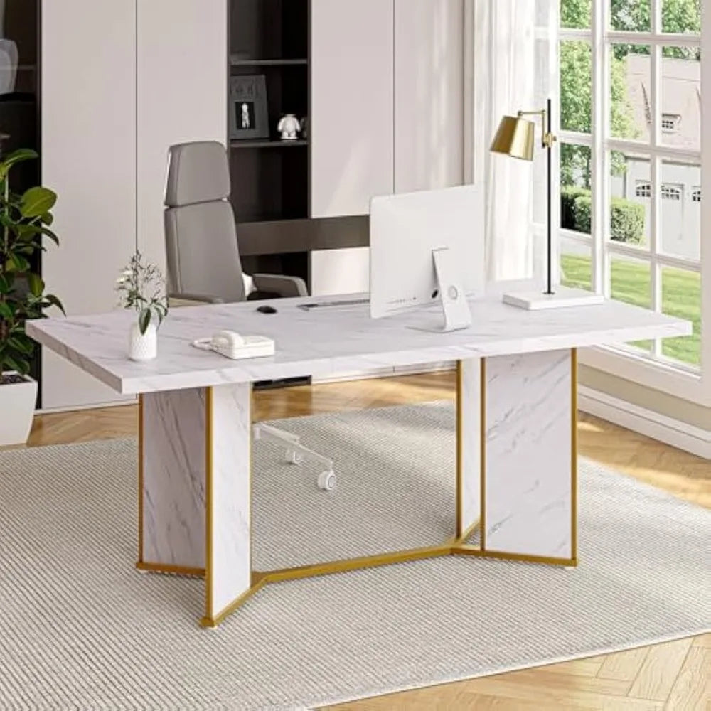 White Marble Wooden Rectangular Dining Table With Gold Metal Frame