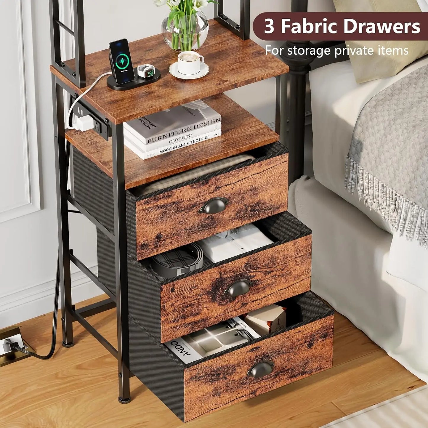 Bedside Table with LED Lights with Charging Station