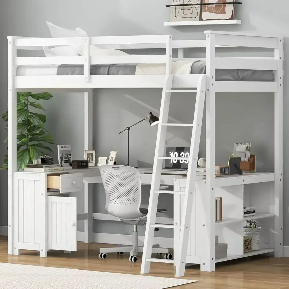Wooden U-Shaped Loft Bed with Desk