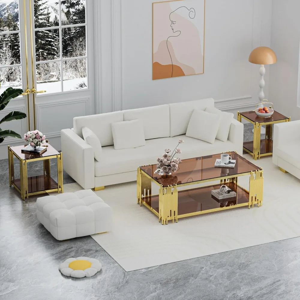 Modern Luxury Stainless Steel Gold Glass Coffee Table
