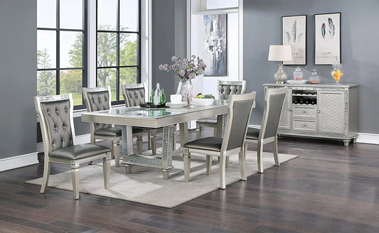 Antique traditional dining table with glass insert leaf tufted chair