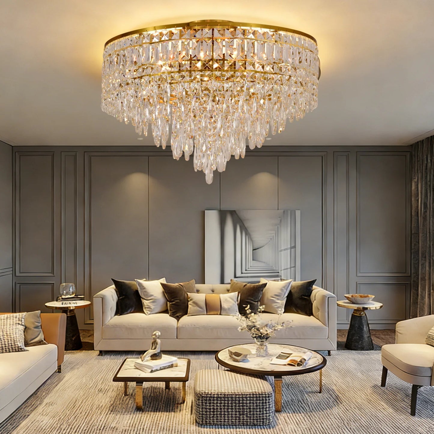 Luxury Gold Crystal Flush Mount Teardrop Crystal Chandelier