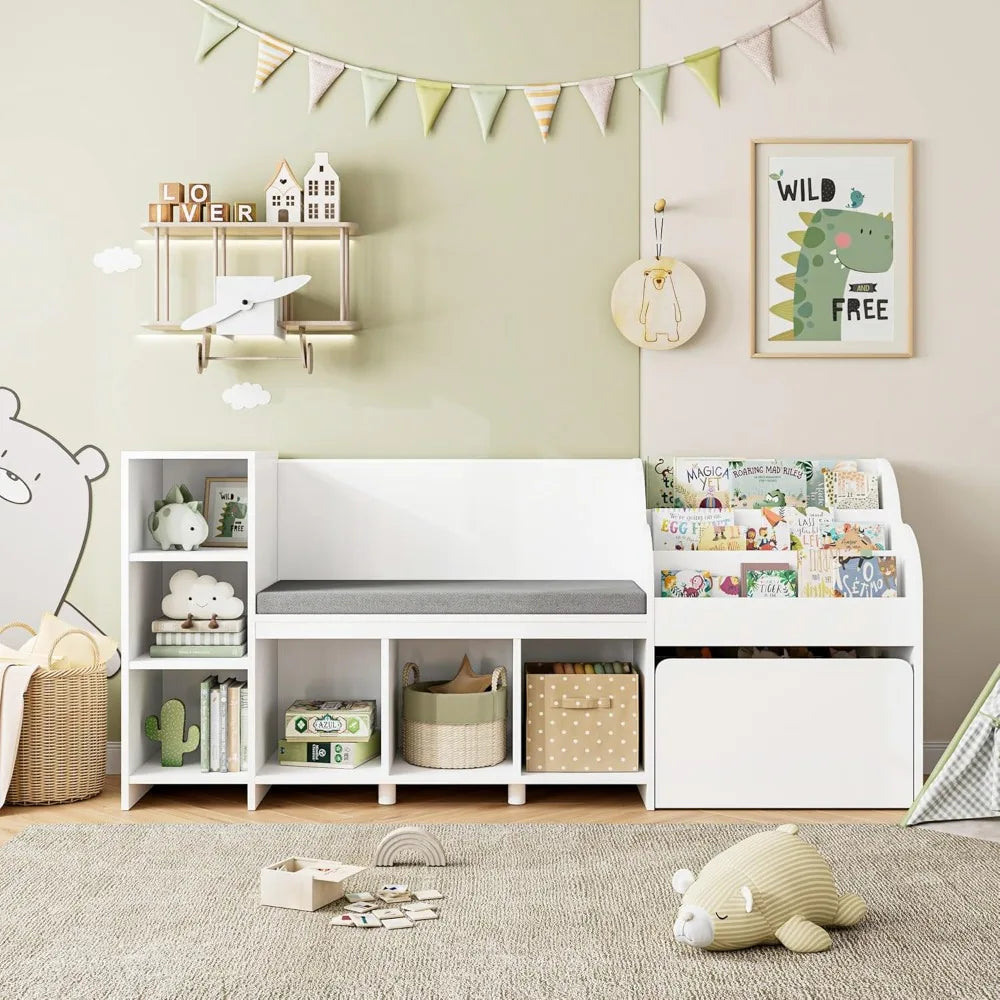 Reading Nook with Bench, Bookshelf and Storage Box on Wheels