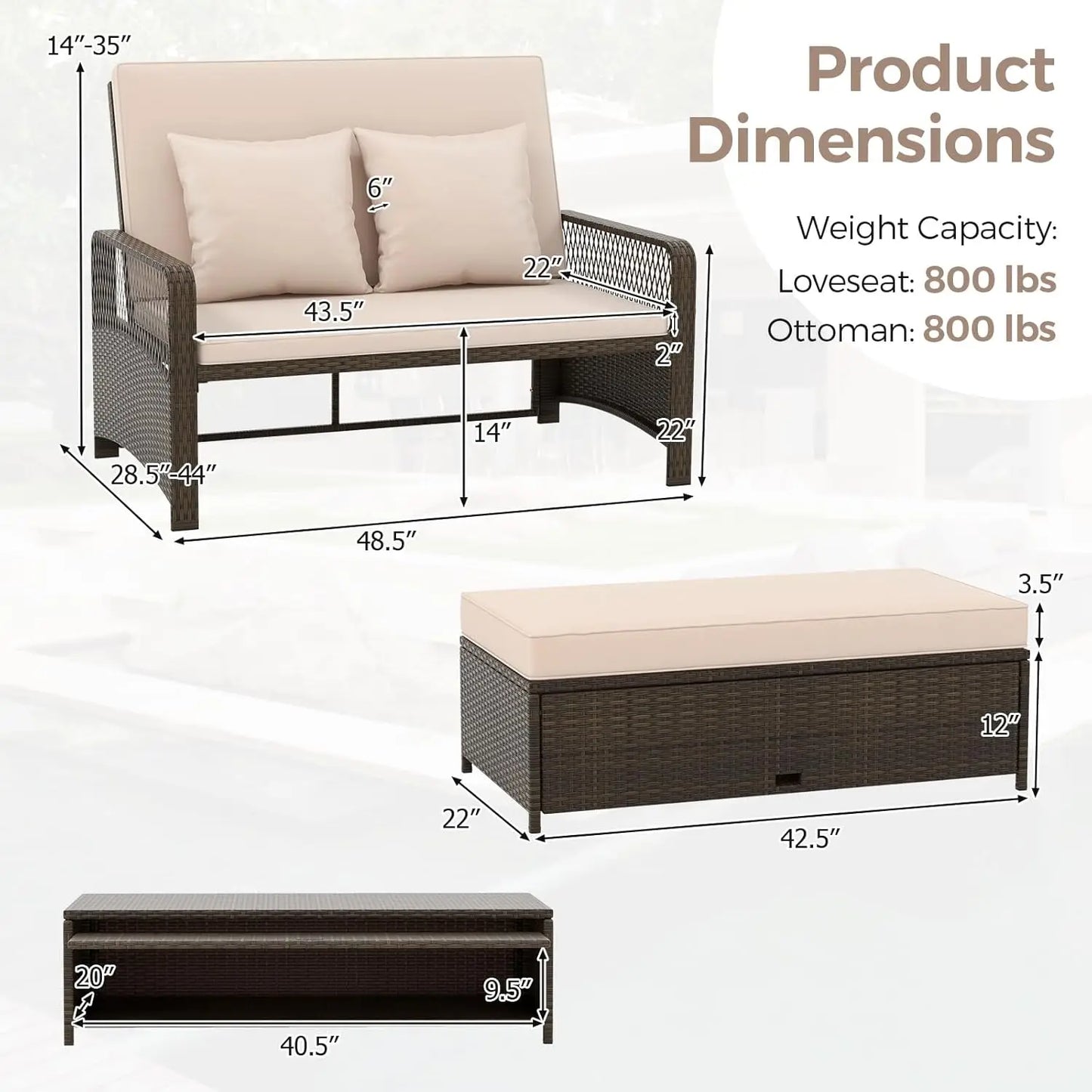 Rattan Daybed Loveseat with Adjustable Backrest & Ottoman and Zipped Cushion