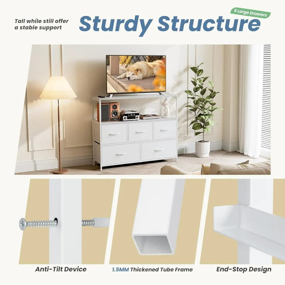 TV Stand Dresser with 5 Fabric Storage Drawers Media Console