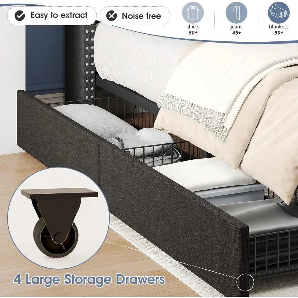 Bed Frame with 4 Storage Drawers with LED Light