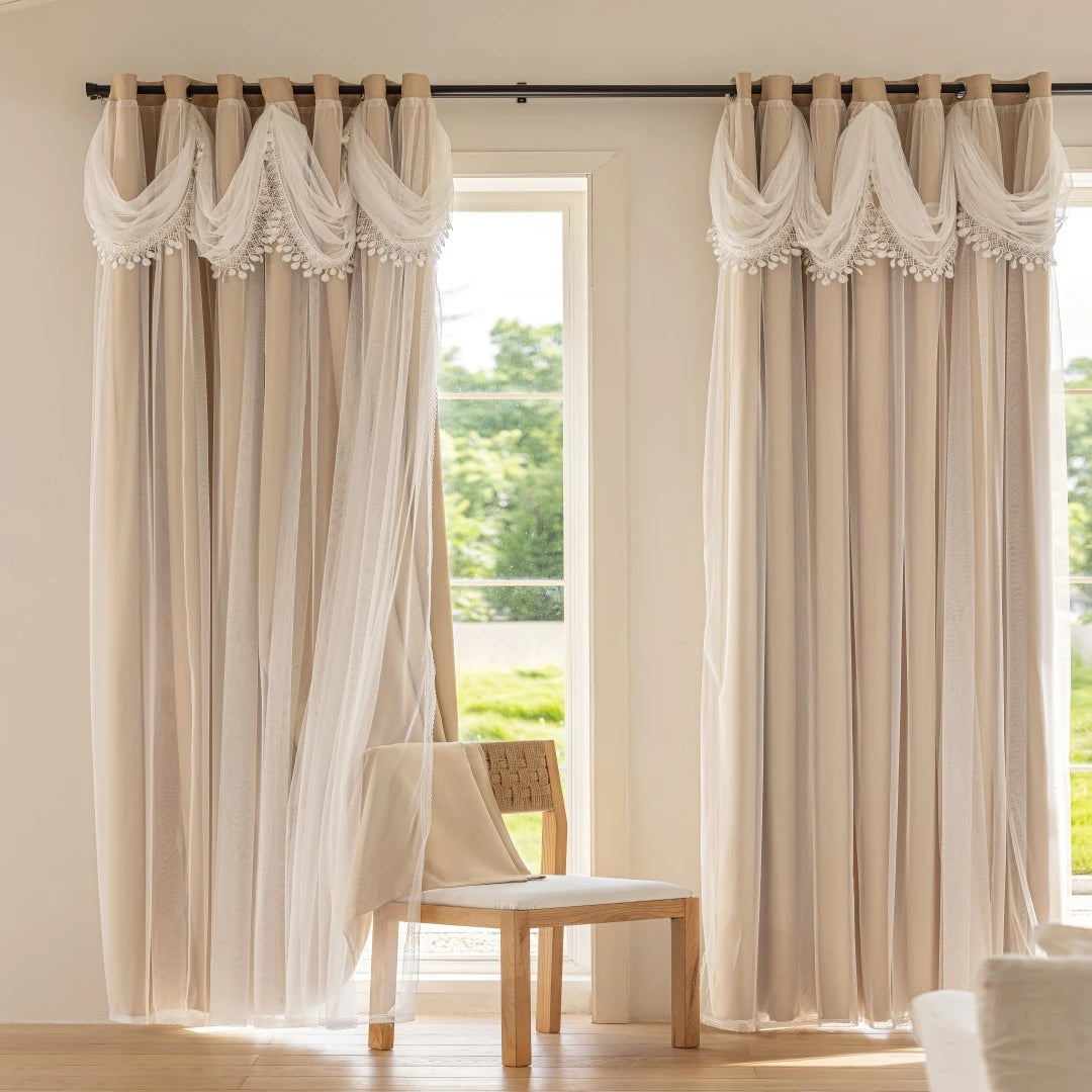 Elegant Wave Valance Blackout Curtains with Layered Sheer Drapes