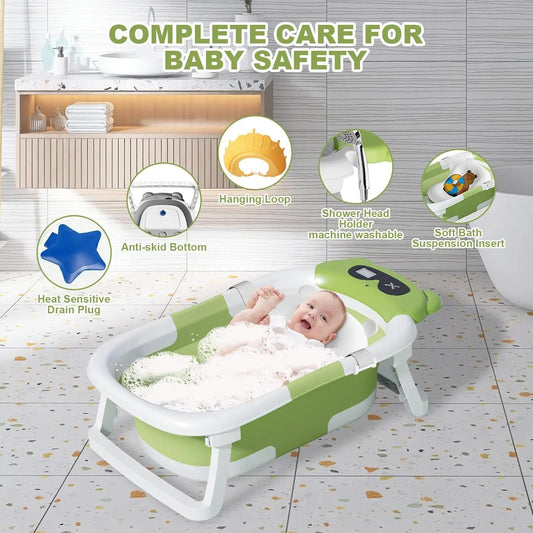 Baby Bathtub Foldable Baby Bathtub with Thermometer and Floating Cushion