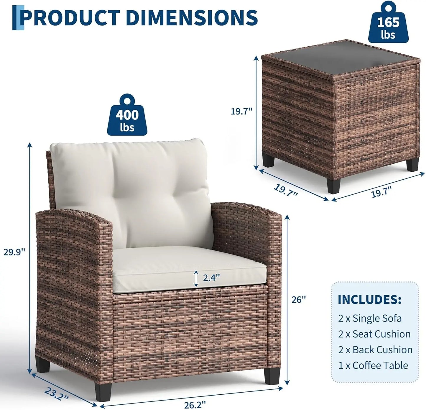 Rattan Patio Furniture Set - Wicker Chairs with Side Table