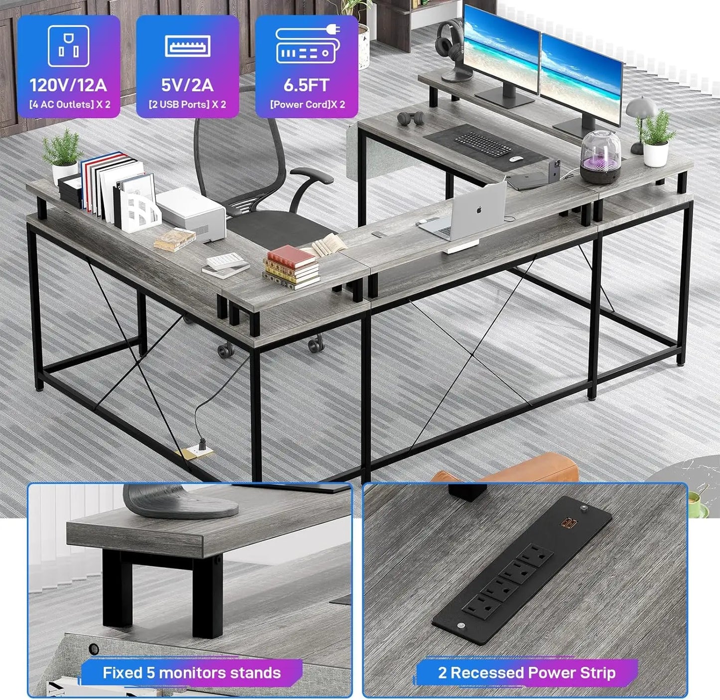 U Shaped Desk with Monitor Stand Storage Shelves