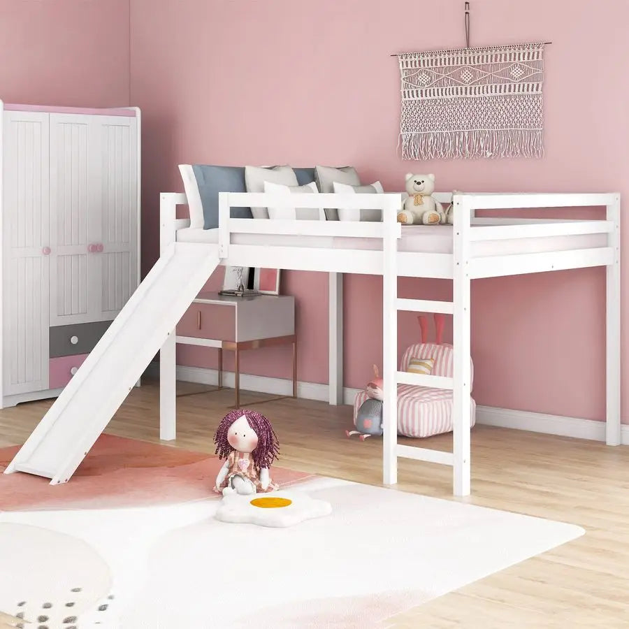 Full Loft Bed Frame with Slide and Ladder Safety Rail
