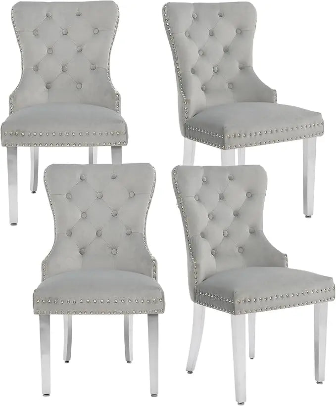 Tufted Upholstered Velvet Dining Chairs with Pull Ring and Stainless Steel Legs
