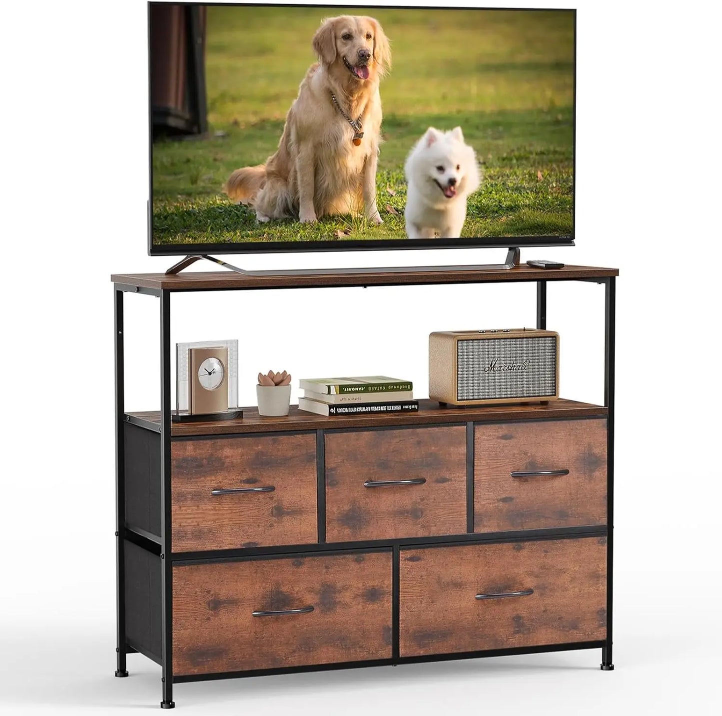 TV Stand Dresser with 5 Fabric Storage Drawers Media Console