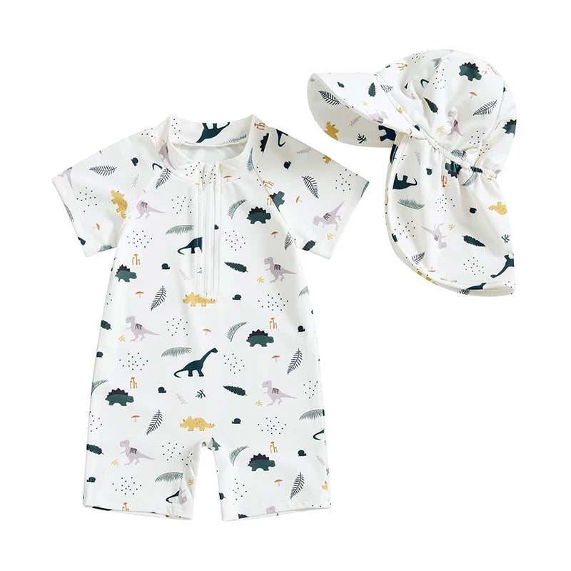 Dinosaur Print Rash Guard Swimsuit Set