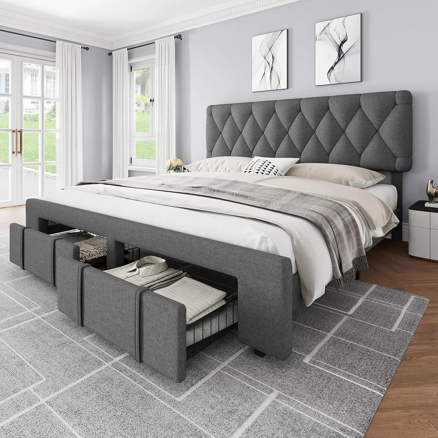 Mattress Foundation with Solid Wooden Slats Support with Storage Drawers