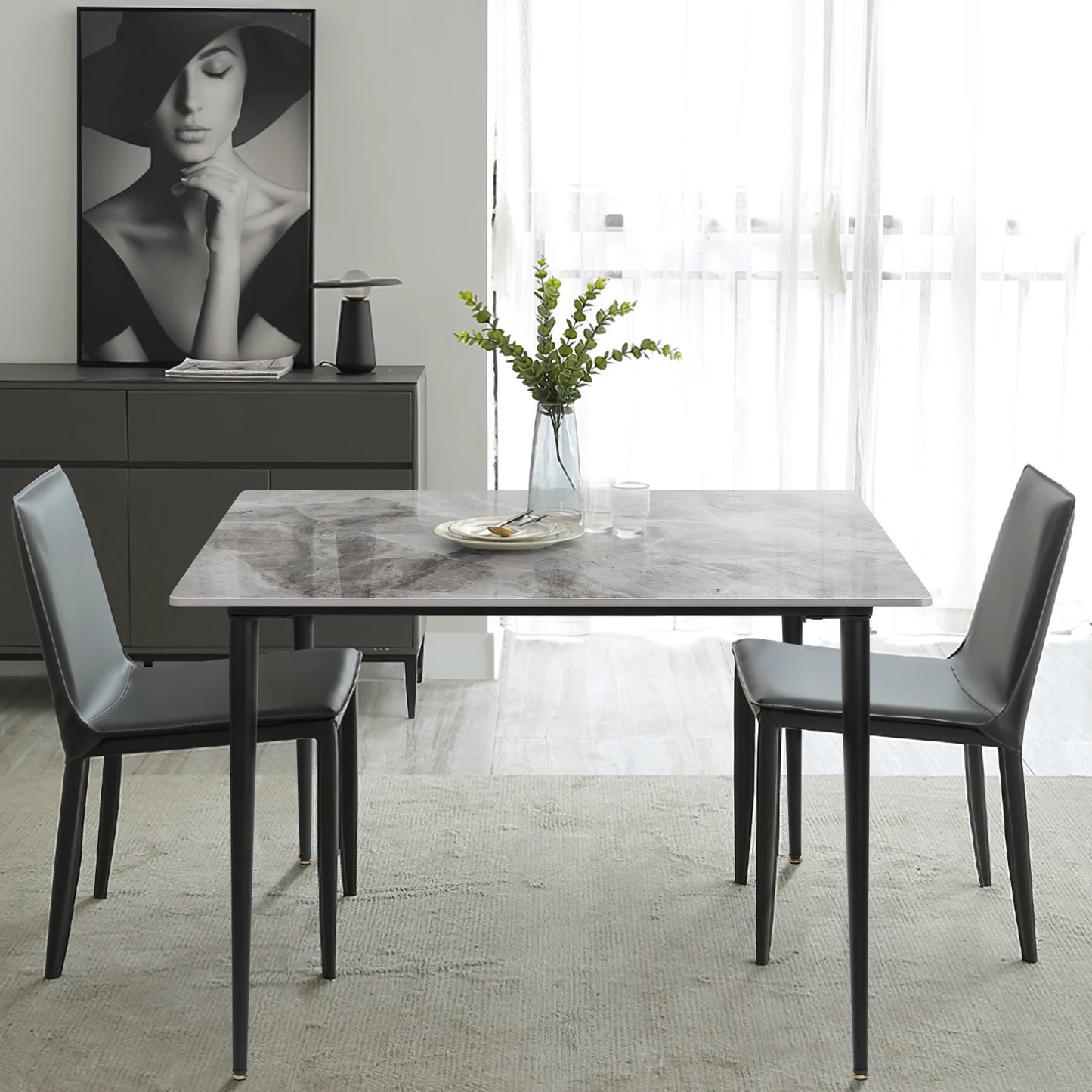Mid-Century Slate Dining Table with Sintered Stone Top and Metal Legs