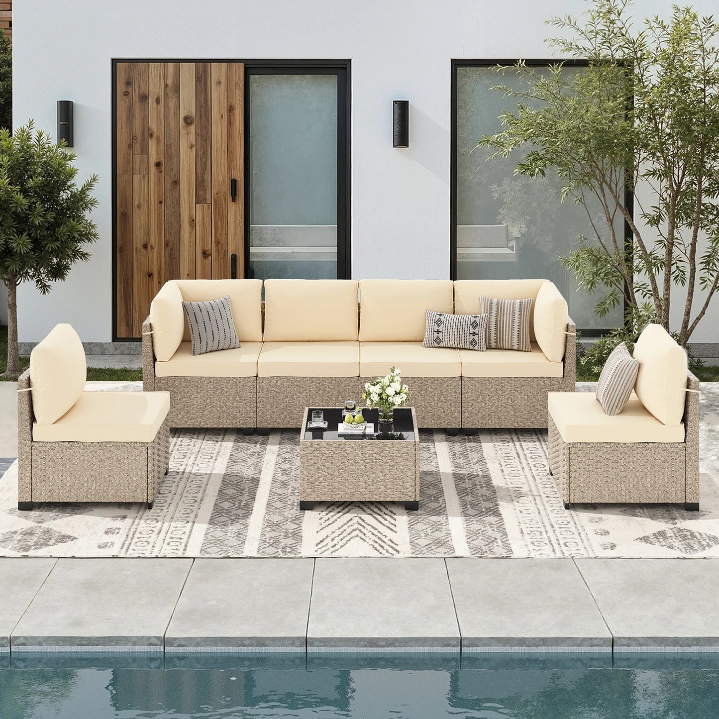 All-Weather Rattan Sectional Sofa with Tempered Glass Table