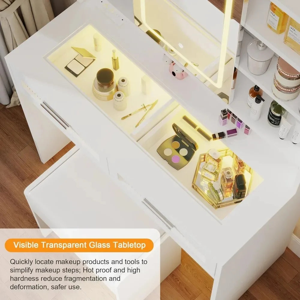 LED Vanity Desk with Mirror, Lights, Drawers & Charging Station