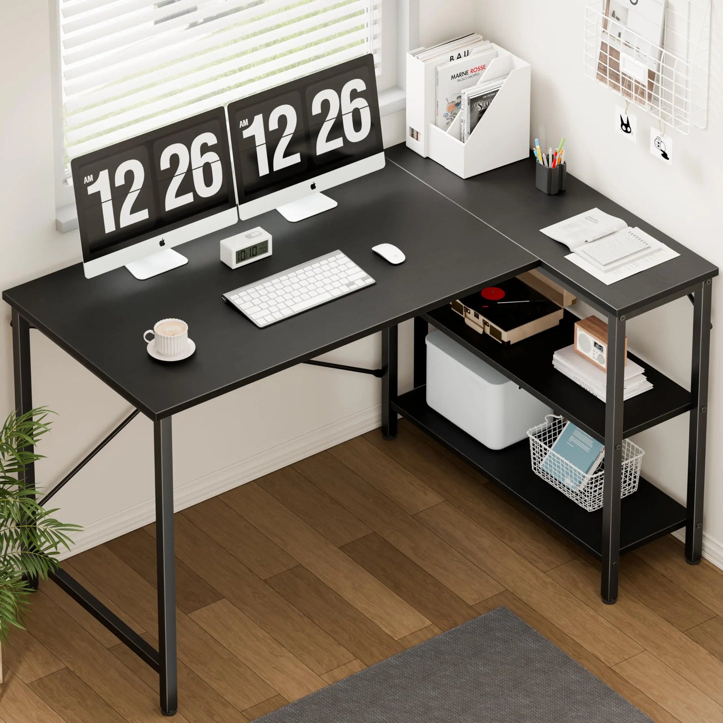 L Shaped Computer Furniture Corner Desks with Reversible Storage Shelves