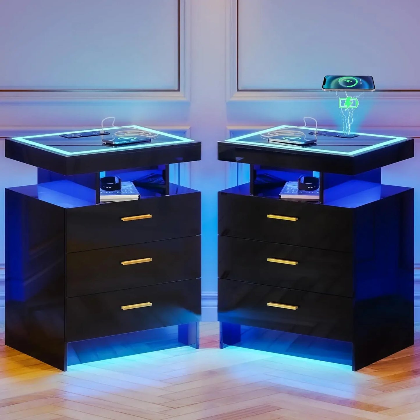 Bedside nightstands with wireless charging & Open Compartments