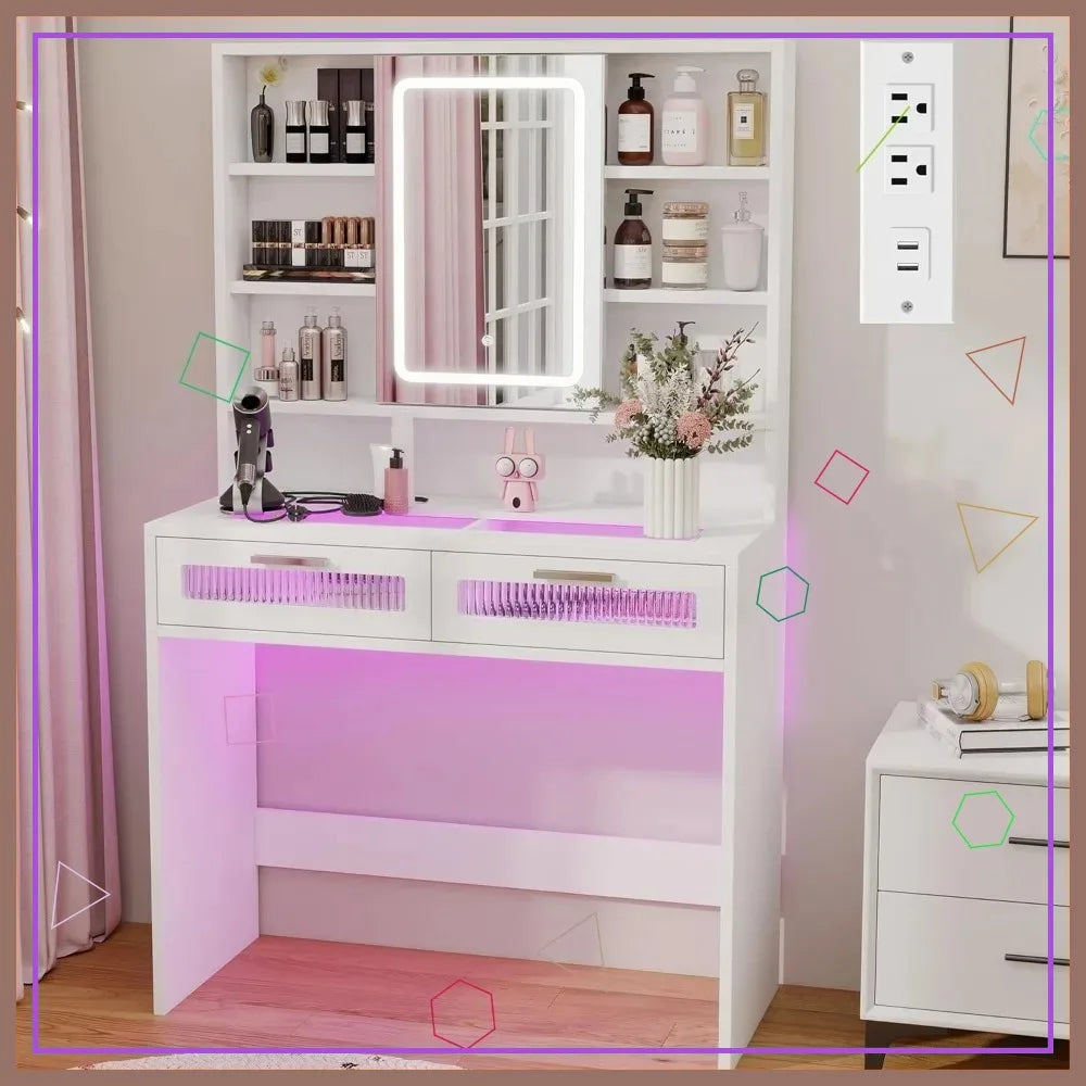LED Vanity Desk with Mirror, Lights, Drawers & Charging Station