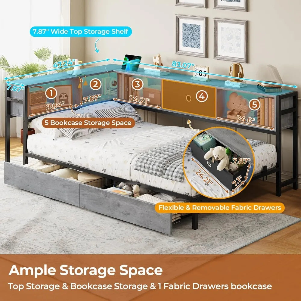 Twin Corner Bed Frame with Bookcase Headboard