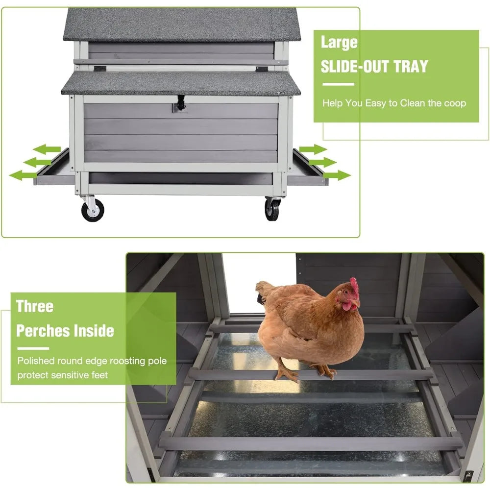 Large Chicken Coop on Wheels Mobile Wooden Hen House Weatherproof Duck Poultry Cage 67.3" L for 6-8 Chickens with 6 Nesting Box