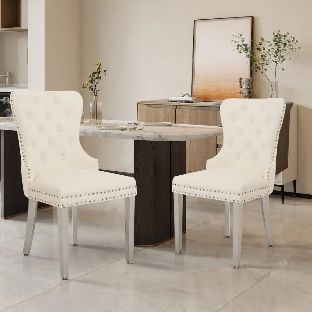 Tufted Upholstered Velvet Dining Chairs with Pull Ring and Stainless Steel Legs