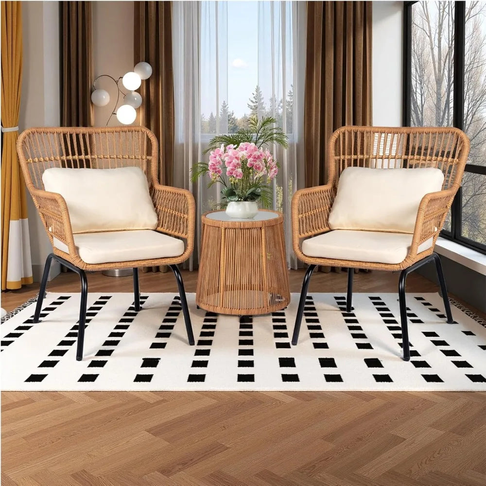 Patio Conversation Set w/2 Large Rattan Chairs and Tempered Glass Table
