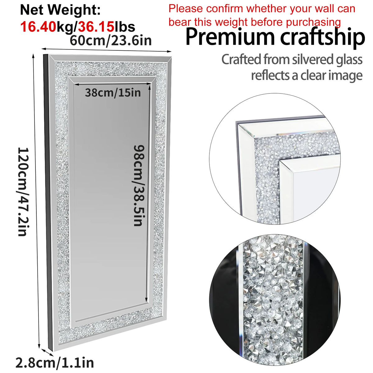 Gorgeous Rectangle Crystal Crush Diamond Wall Mirror