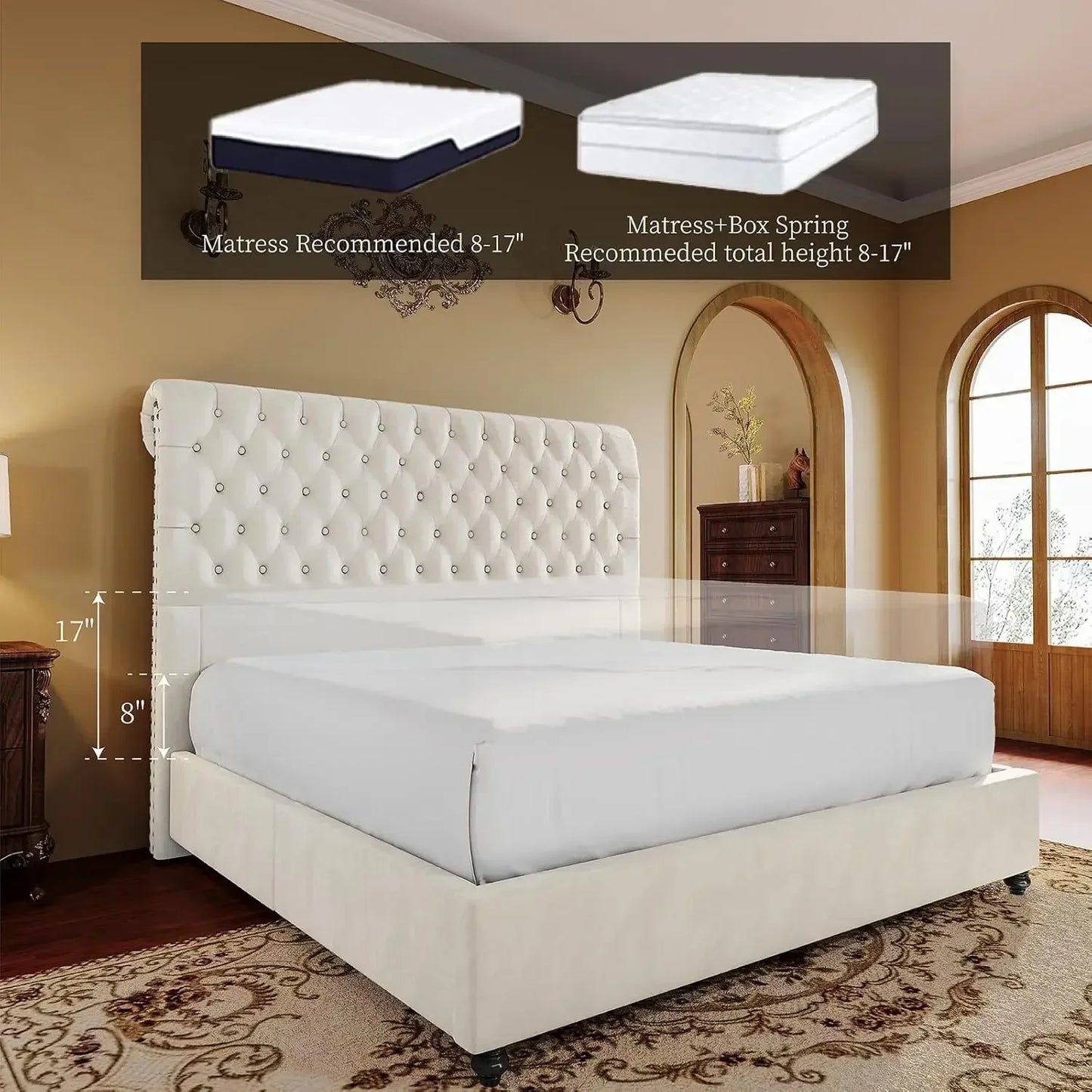Bed Frame Upholstered Platform Bed with Sleigh Headboard, Button Tufted, No Box Spring Needed
