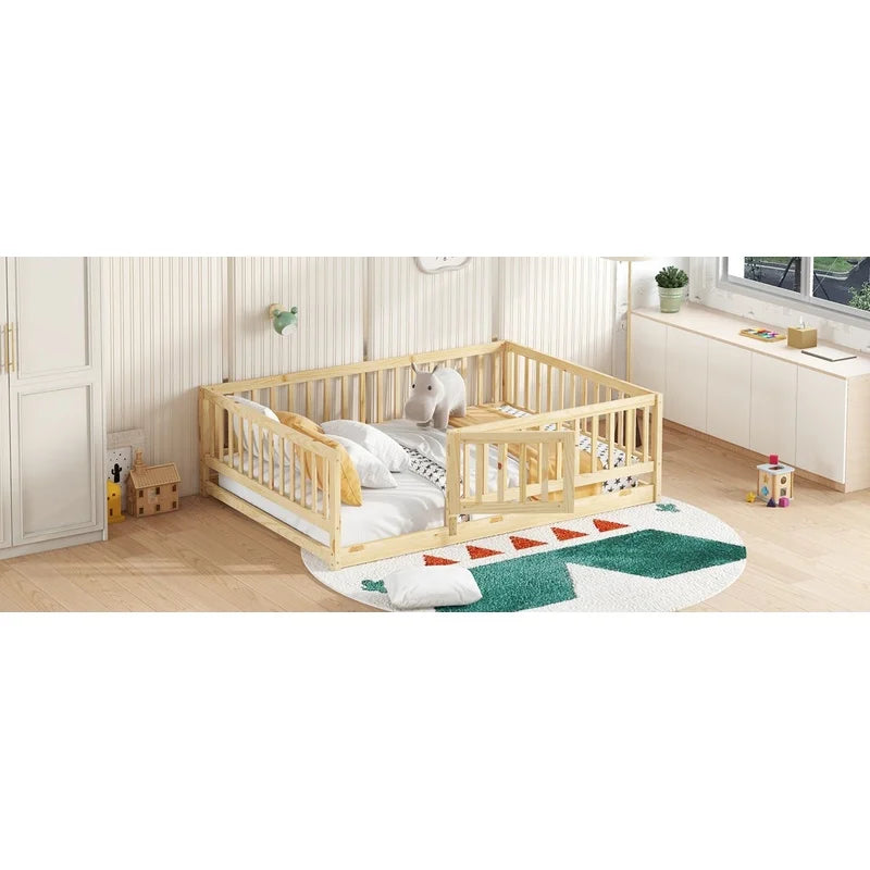 Montessori Floor Bed with Slats with Fence and Door