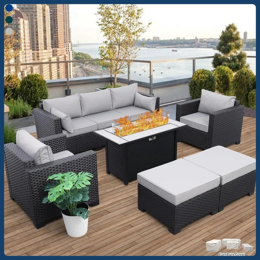 Light Grey Patio Set with Propane Fire Pit Table