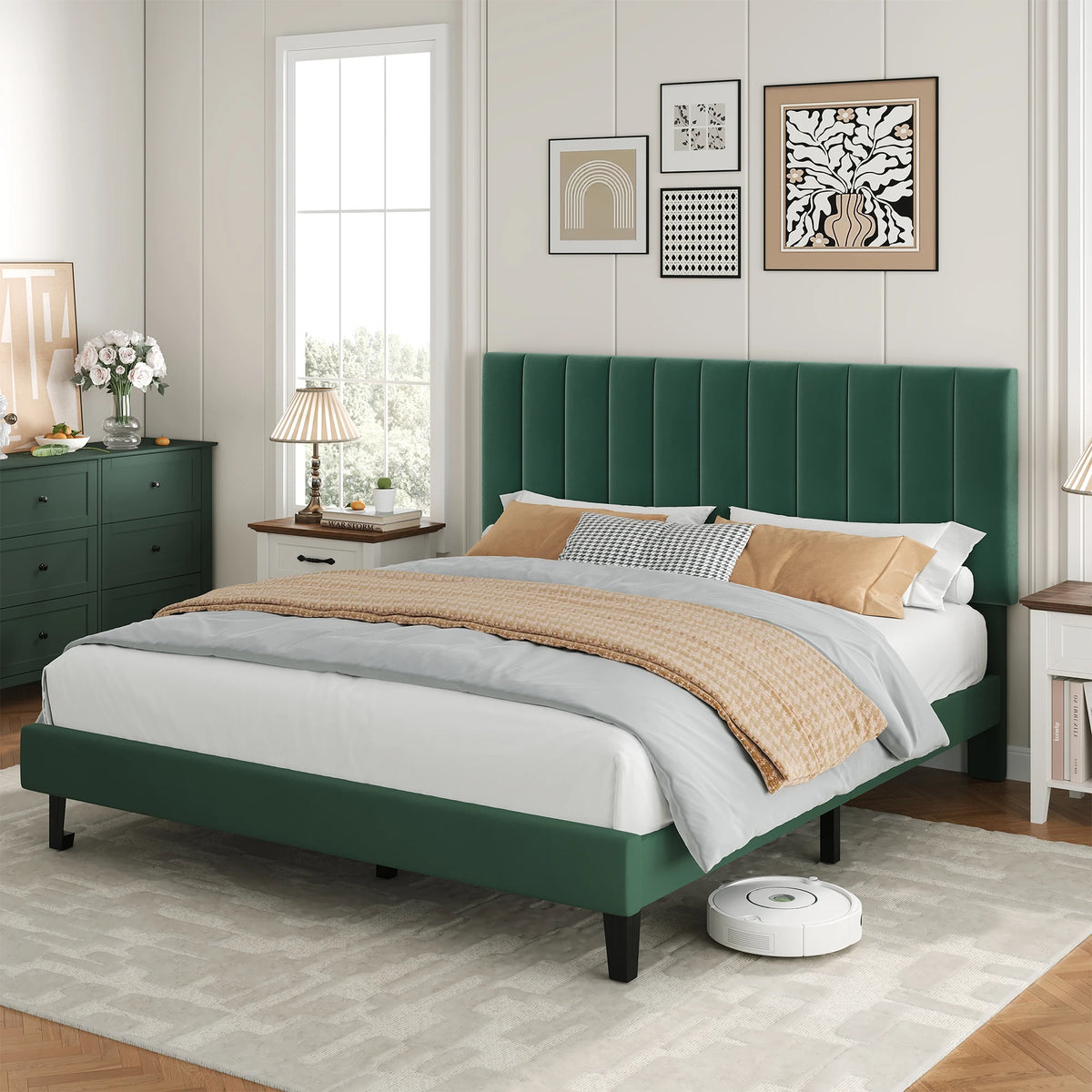 Modern Velvet Upholstered Platform Bed Frame