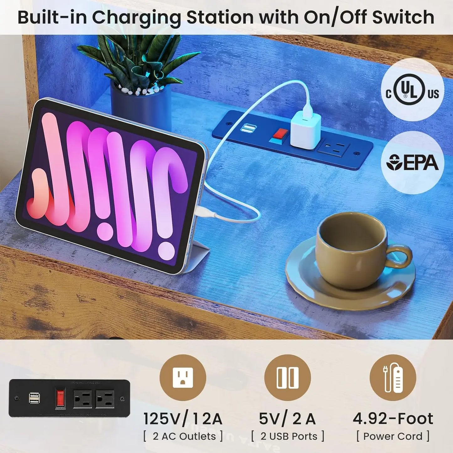 Tall Nightstand with Charging Station and LED Light