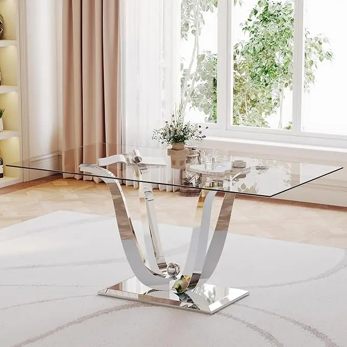 Modern Rectangular Tempered Glass Dining Table