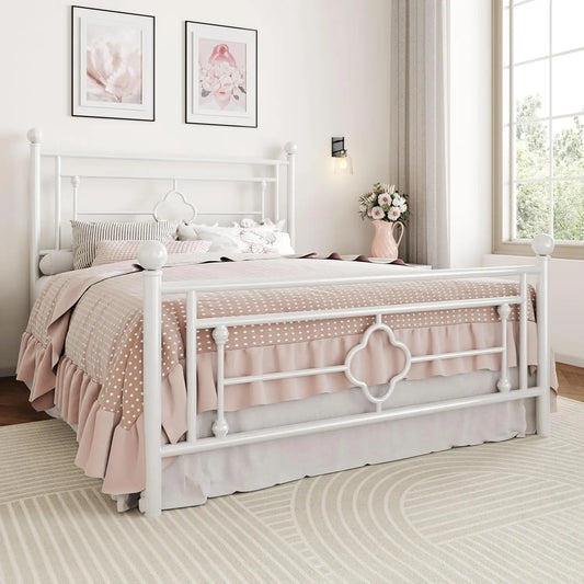 Metal Platform Bed Frame with Vintage Headboard with Under-Bed Storage