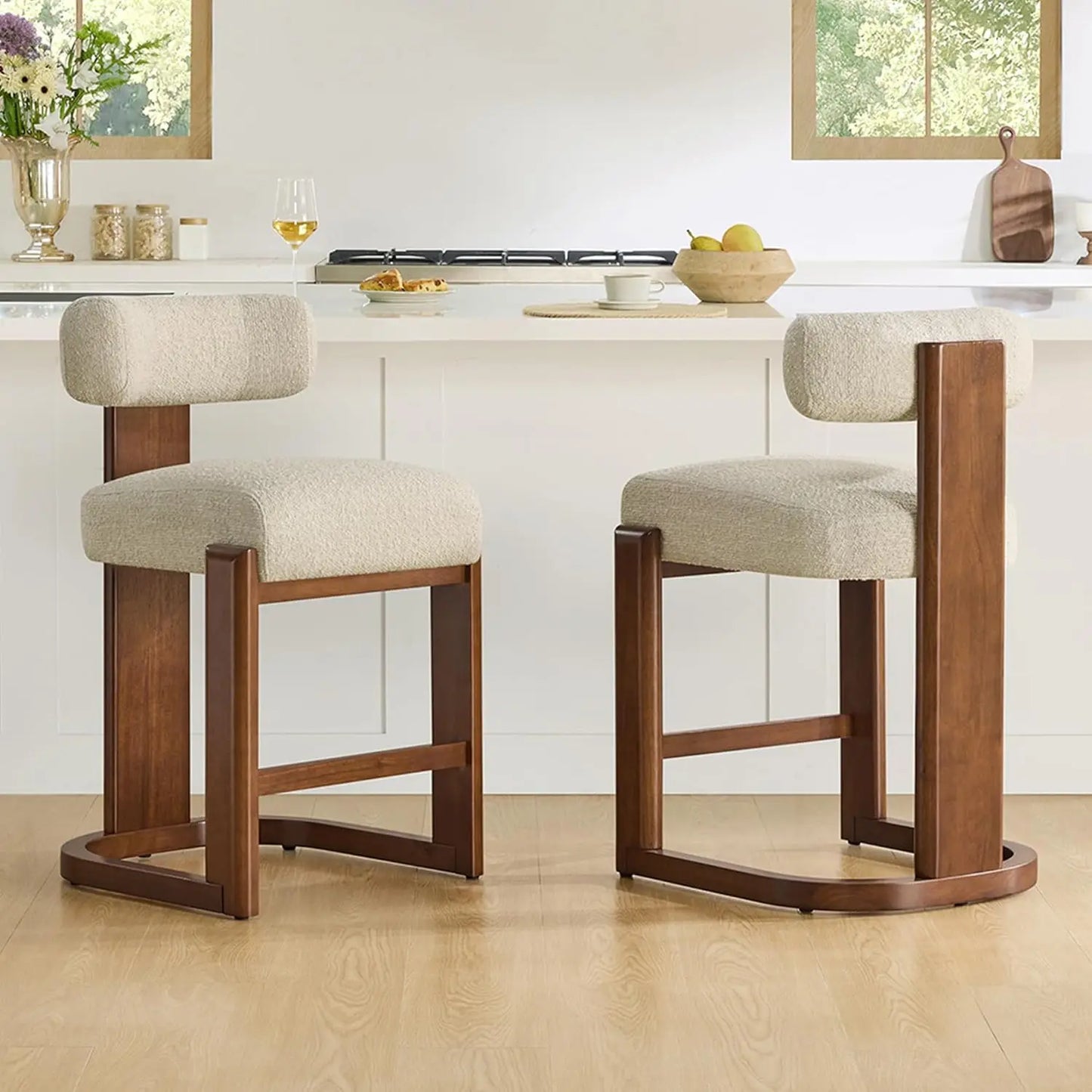 Upholstered Bar Stools with Backs & Wood Legs for Kitchen Island Dining Room