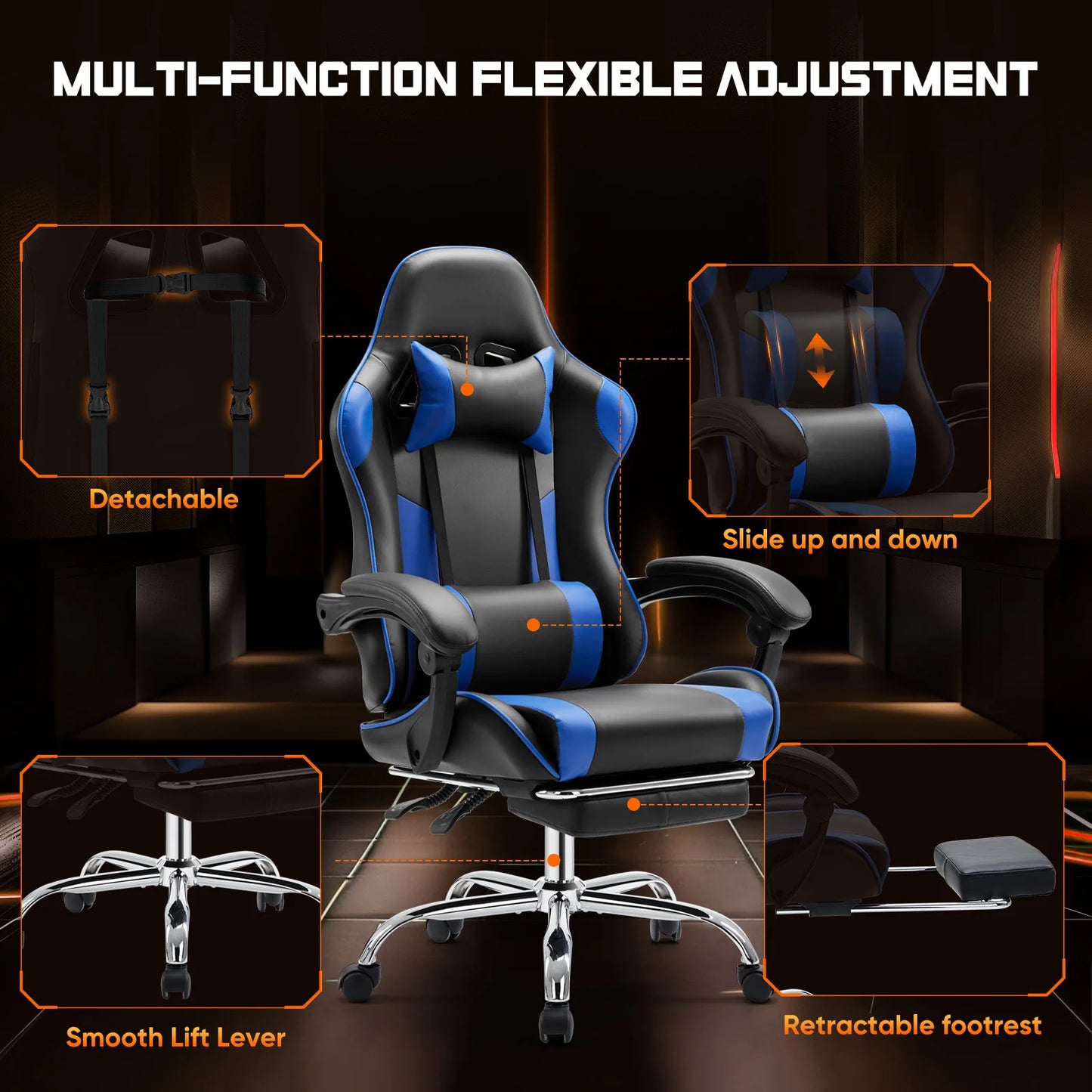 Swivel PU Leather with Headrest and Lumbar Support Gaming Chair
