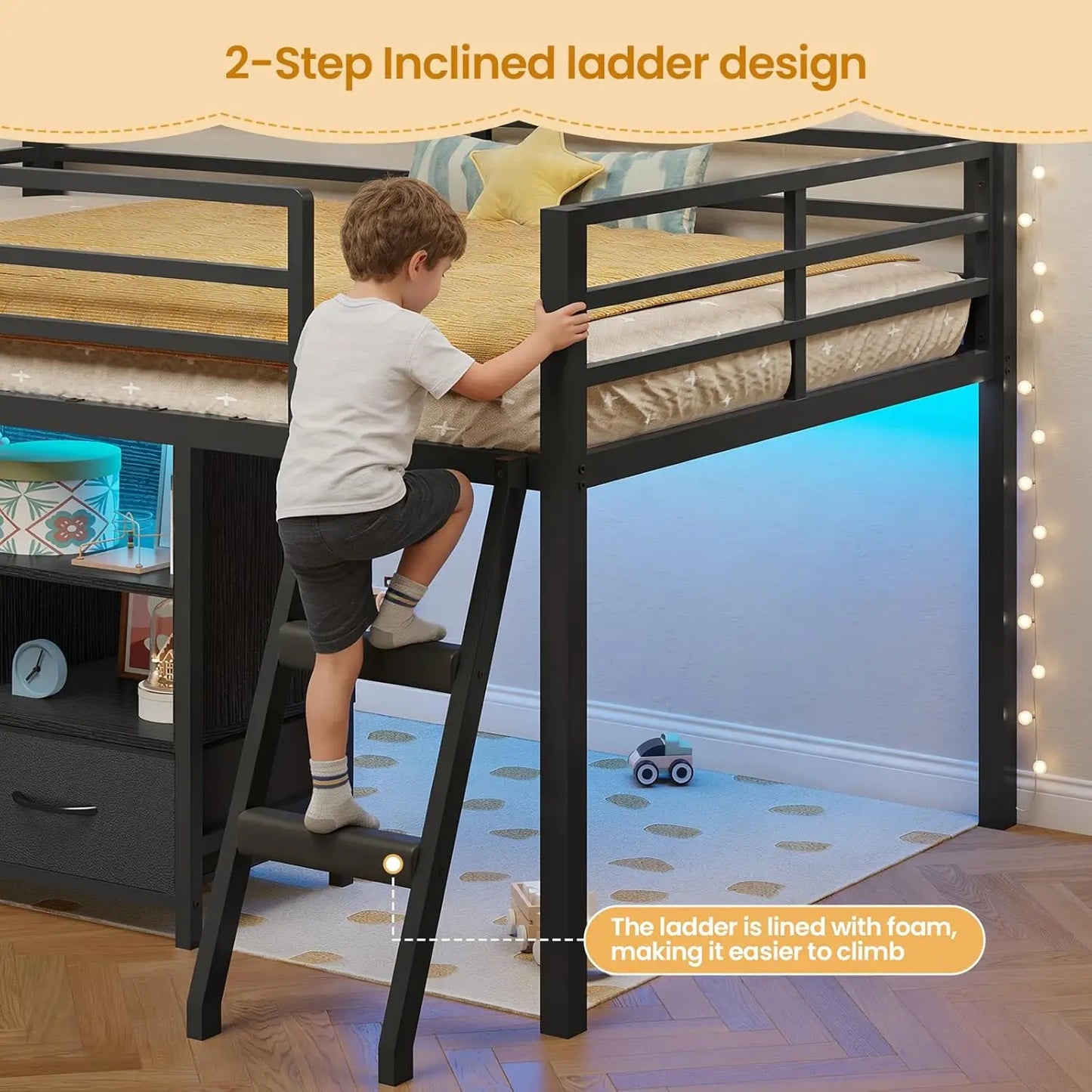 Metal Low Loft Twin Bed, Bookshelf, Cubbies, LED Guardrail, and Ladder