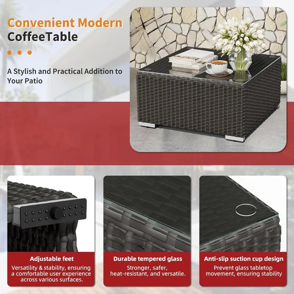 7-Piece Patio Furniture Sofa Set Rattan Wicker Sectional Conversation Sets with Glass Top Table and Cushions