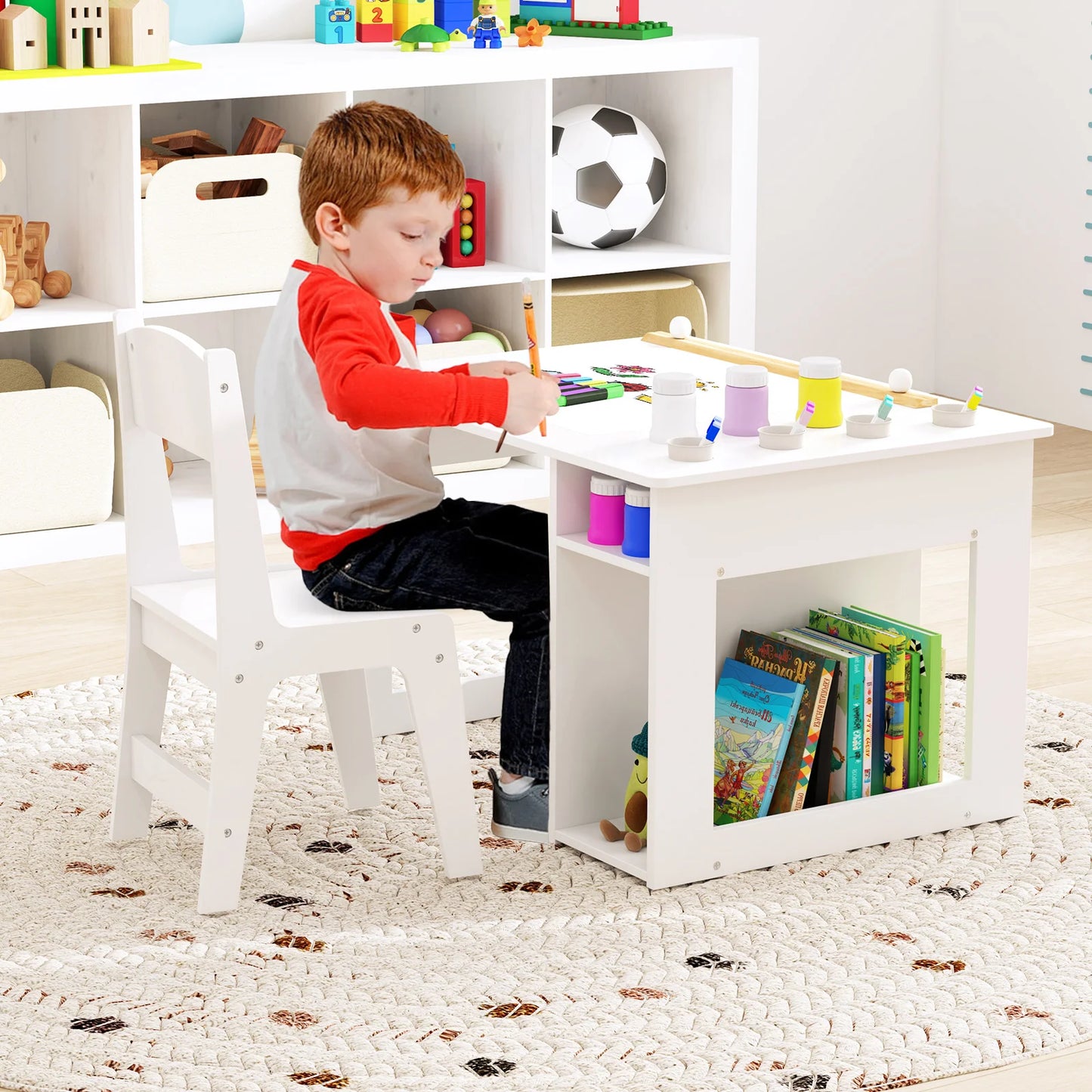 Art Table & Chair Set with Paper Roll 4 Paint Cups & 2 Storage Shelves