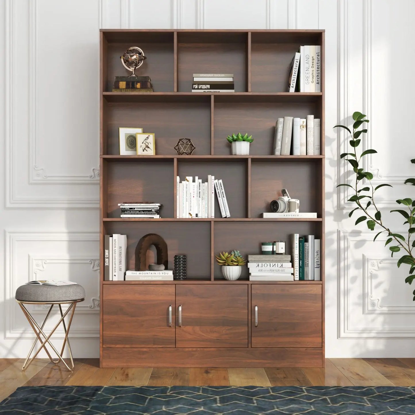10-Cube 3-Door Modern Bookshelf Open Cabinet