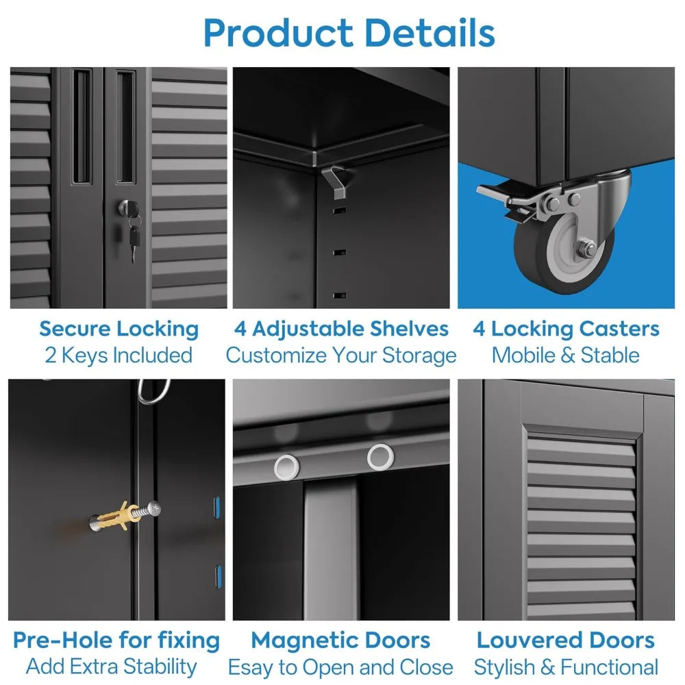 Lockable Metal Storage Cabinet with Wheels
