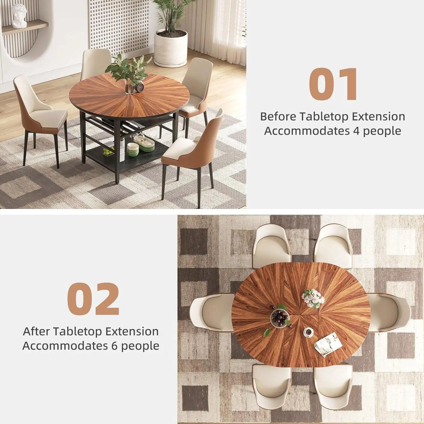 Extendable Round Dining Table with Wine Rack Storage Shelf