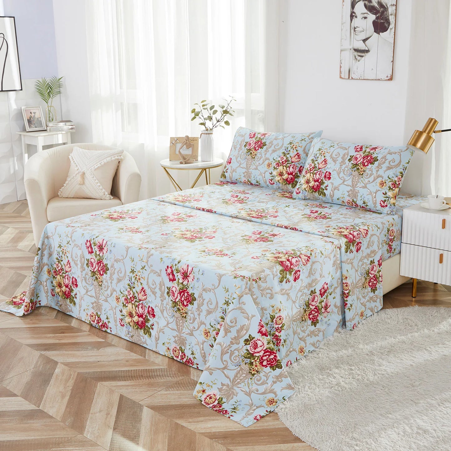 Vintage Red Rose In Light Blue