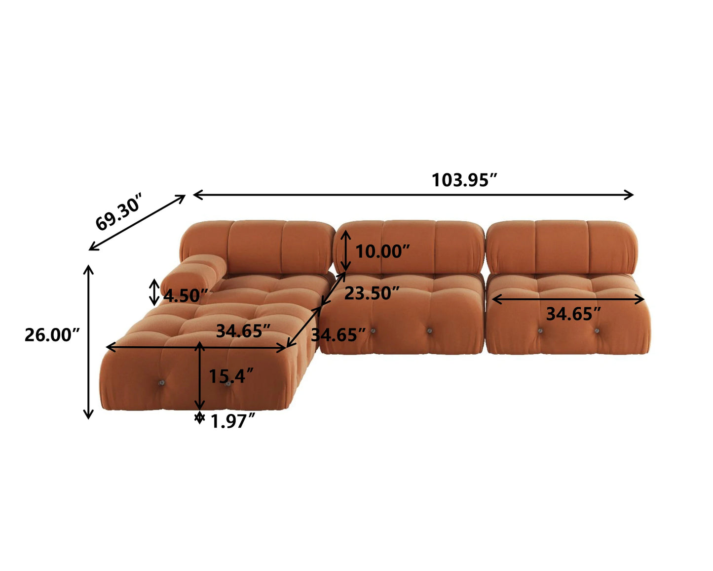 Modern L-Shaped Velvet Couch with Reversible Ottoman