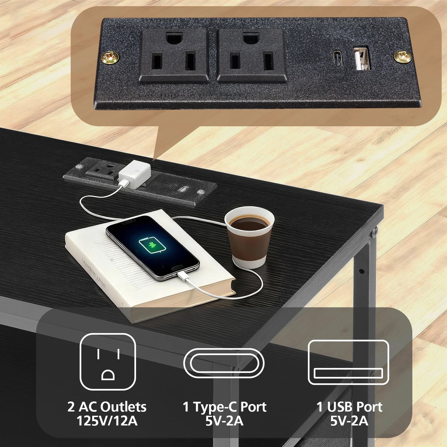 End Table with USB/Type-C Ports with Cabinets and Charging Station